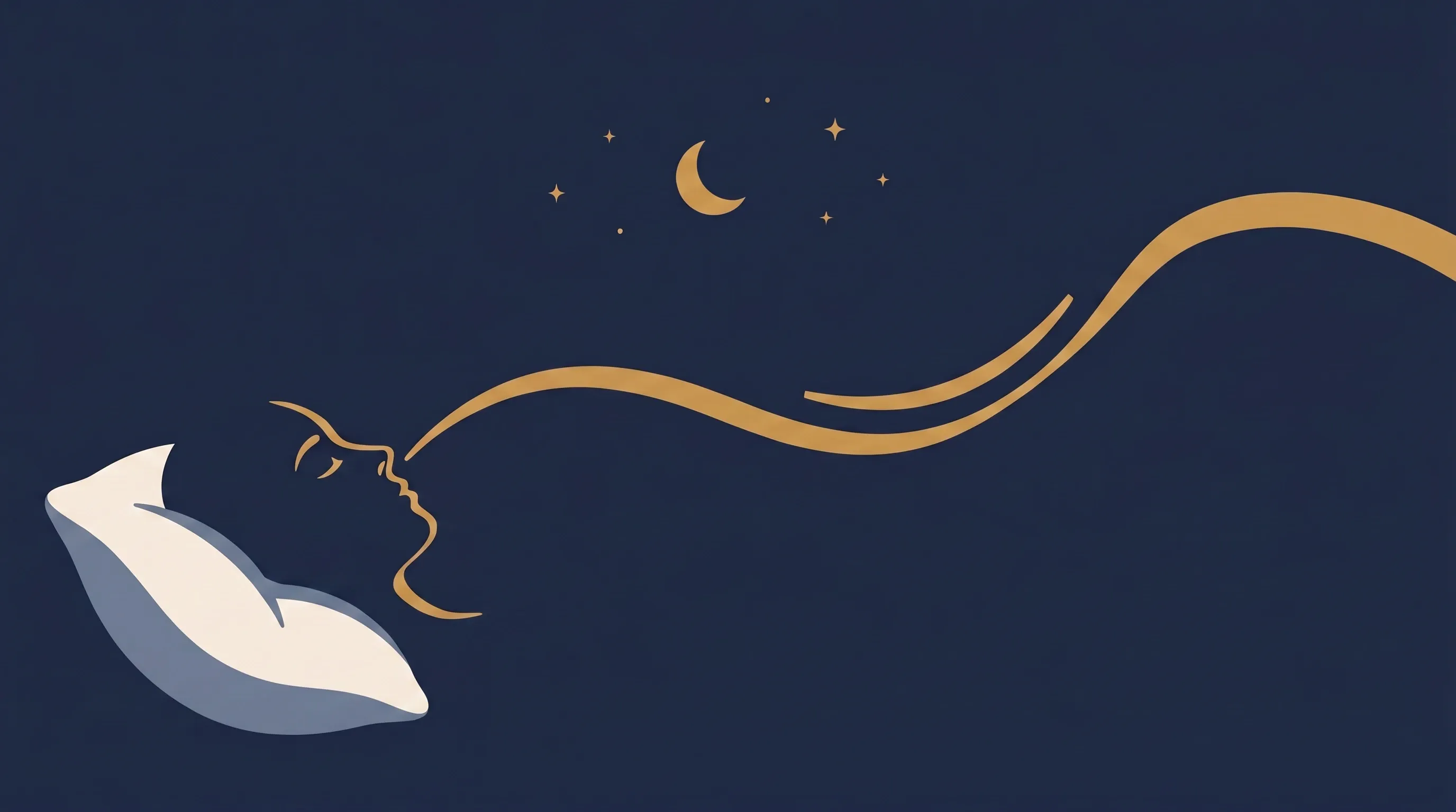 Ilustração de um rosto dormindo com uma linha dourada de ar que se interrompe no céu noturno