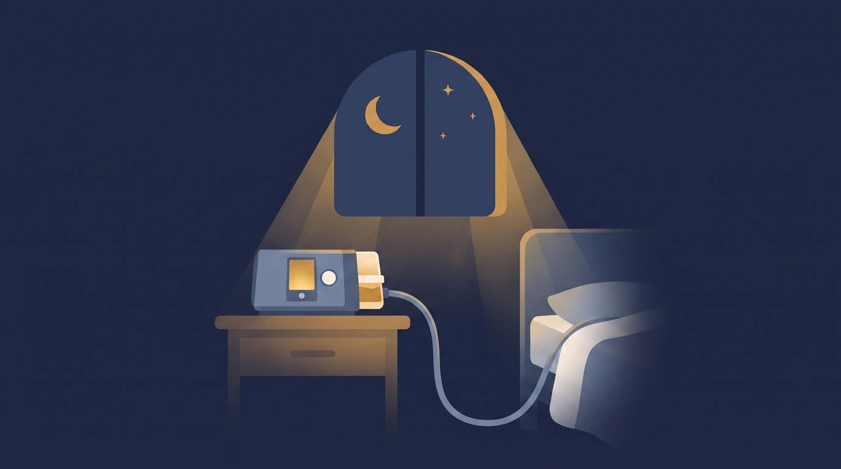 Ilustração de um aparelho de CPAP na mesa de cabeceira ao lado da cama, à noite