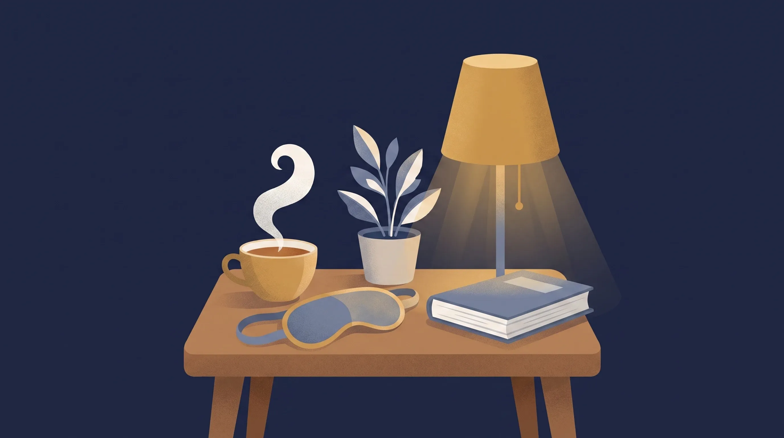 Ilustração de uma mesa com chá quente, máscara de dormir, planta e abajur aceso