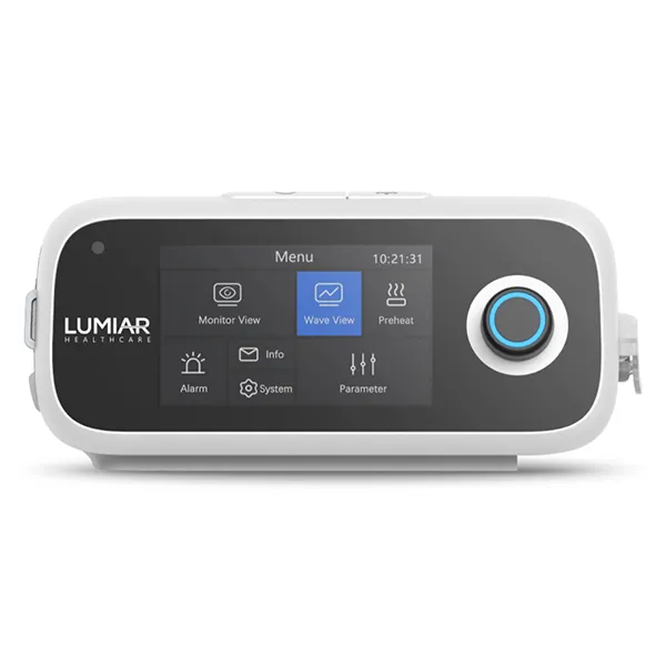 CPAP Lumiar R20i visto de frente, com a tela grande no painel e o botão giratório de navegação