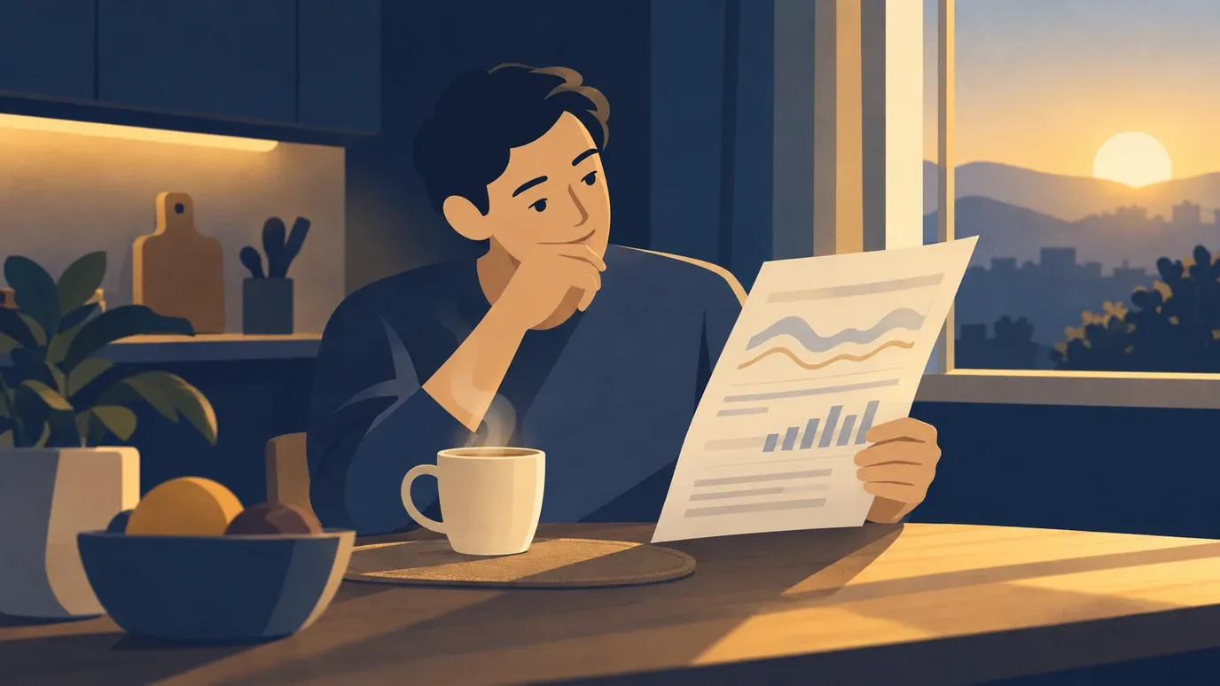 Ilustração de uma pessoa sentada à mesa da cozinha ao amanhecer, com uma xícara de chá, lendo o laudo do exame do sono