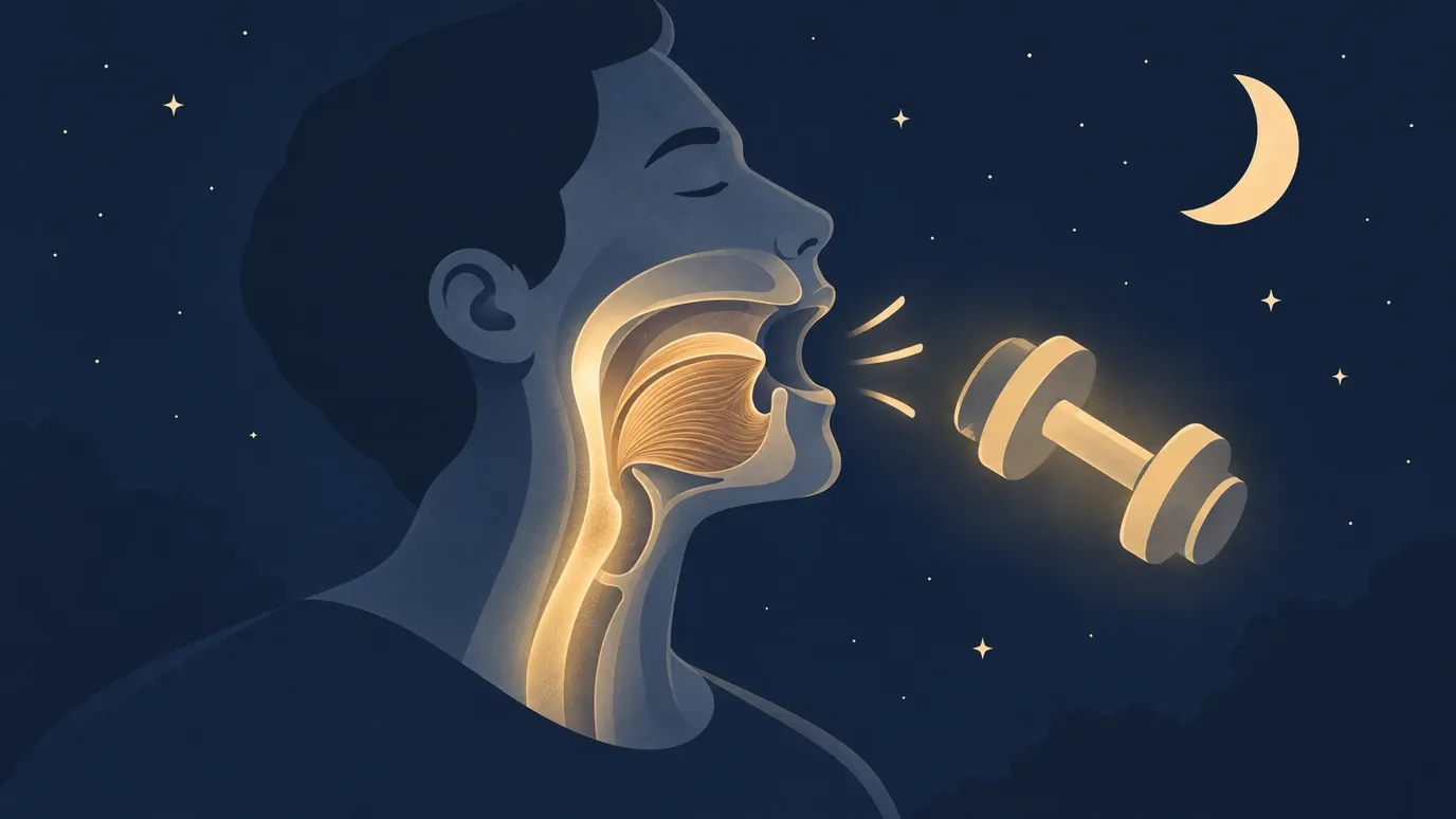 Ilustração de uma cabeça de perfil com a via aérea e a língua iluminadas em dourado e um pequeno haltere ao lado, sob um céu estrelado