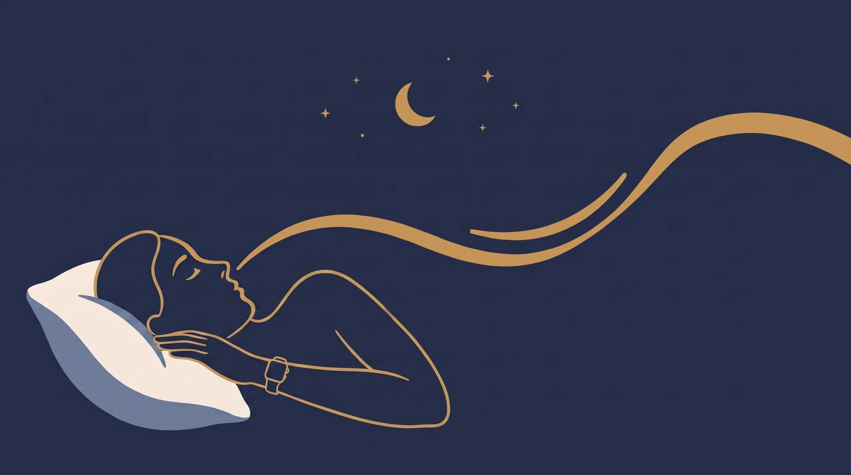 Ilustração de um adulto jovem dormindo de lado com um smartwatch no pulso, sob a lua e estrelas