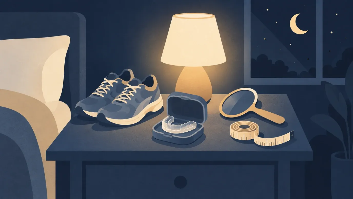 Ilustração de uma mesa de cabeceira à noite com um par de tênis, um aparelho intraoral no estojo aberto, um espelho de mão e uma fita métrica, sob a luz do abajur e a lua na janela