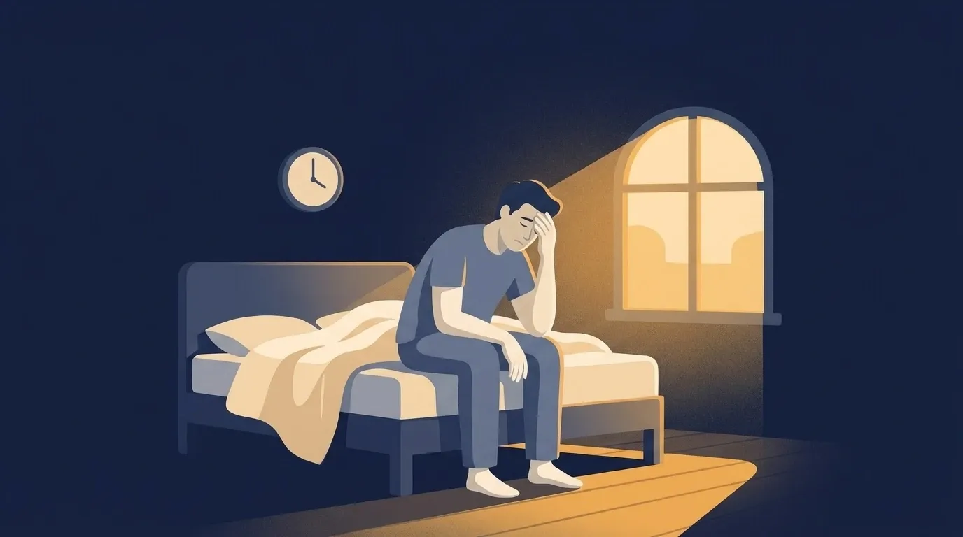 Ilustração de uma pessoa exausta sentada na beira da cama, com a mão na testa, o relógio na parede e a luz da manhã entrando pela janela