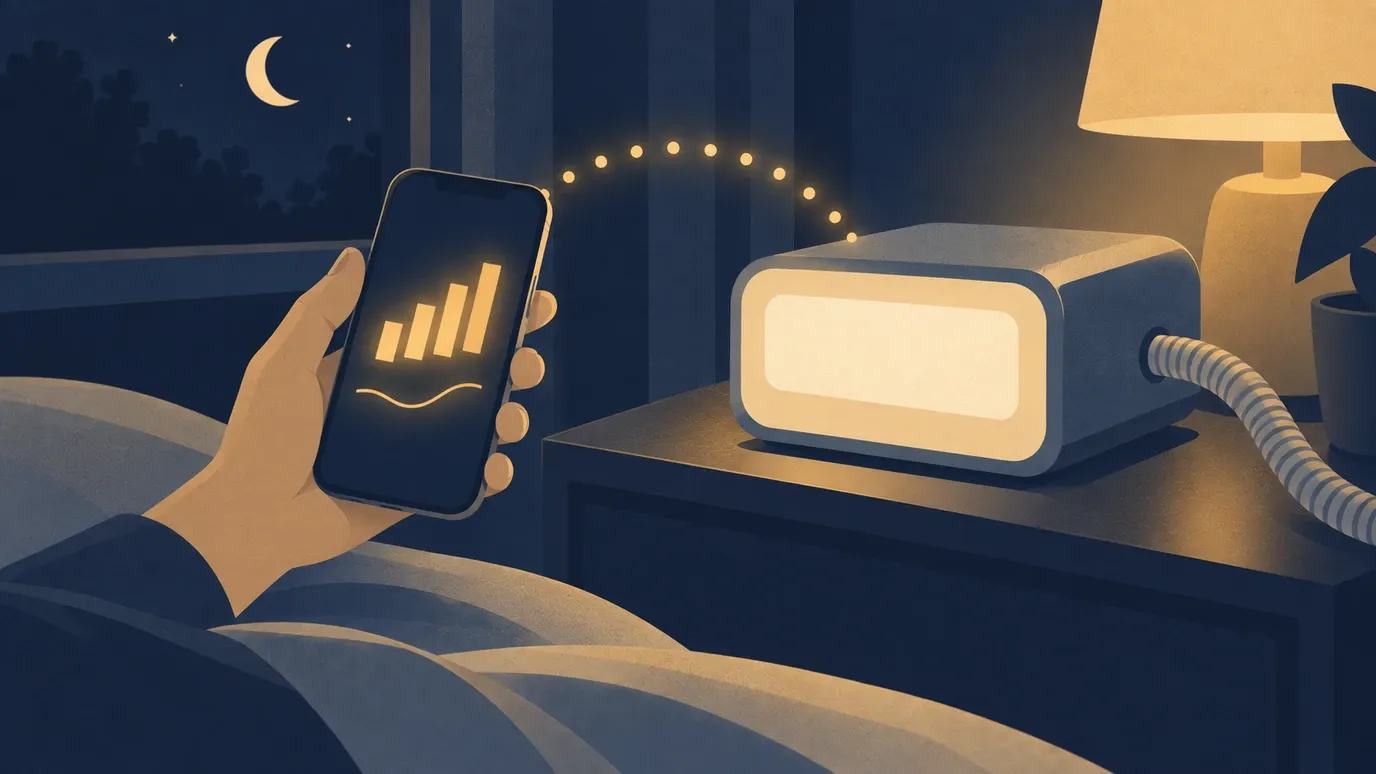 Ilustração de uma mão segurando um celular com um gráfico, ligado por uma linha de pontinhos dourados ao aparelho de CPAP na mesa de cabeceira