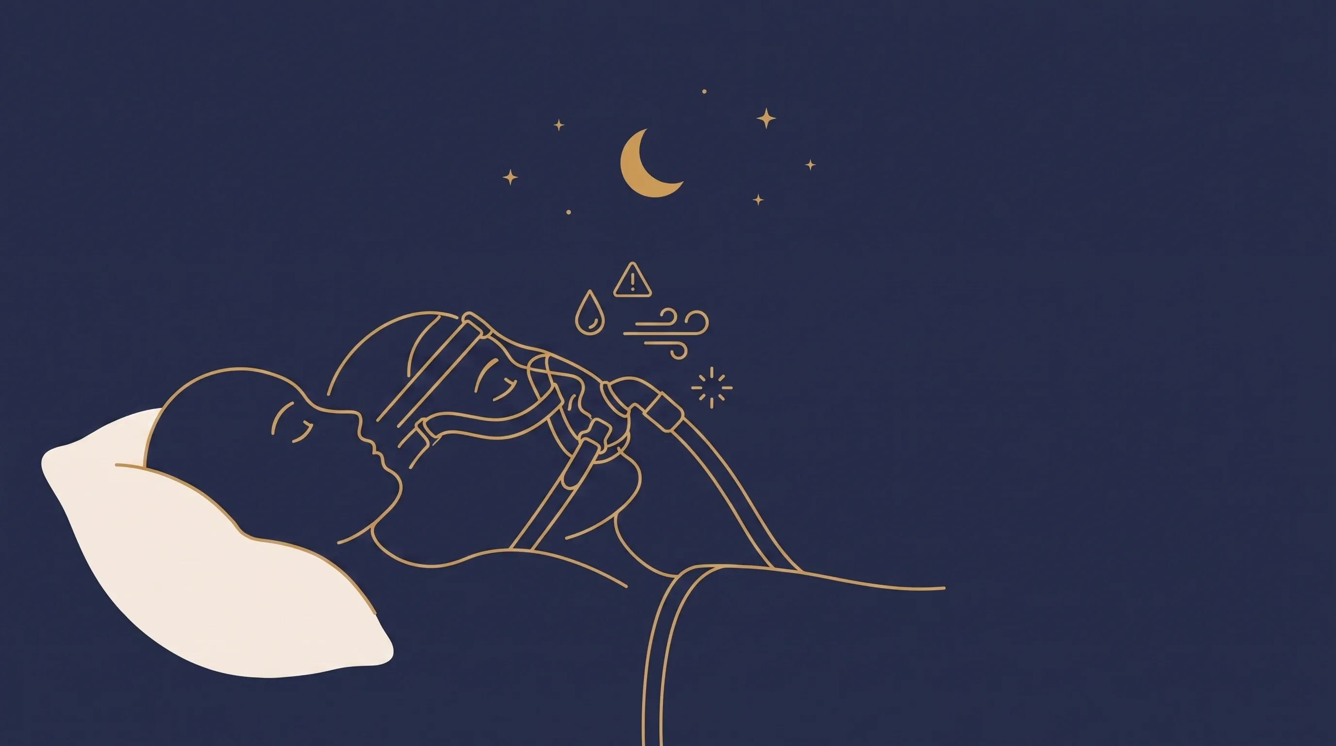 Ilustração de uma pessoa dormindo com máscara de CPAP e pequenos símbolos de desconforto flutuando
