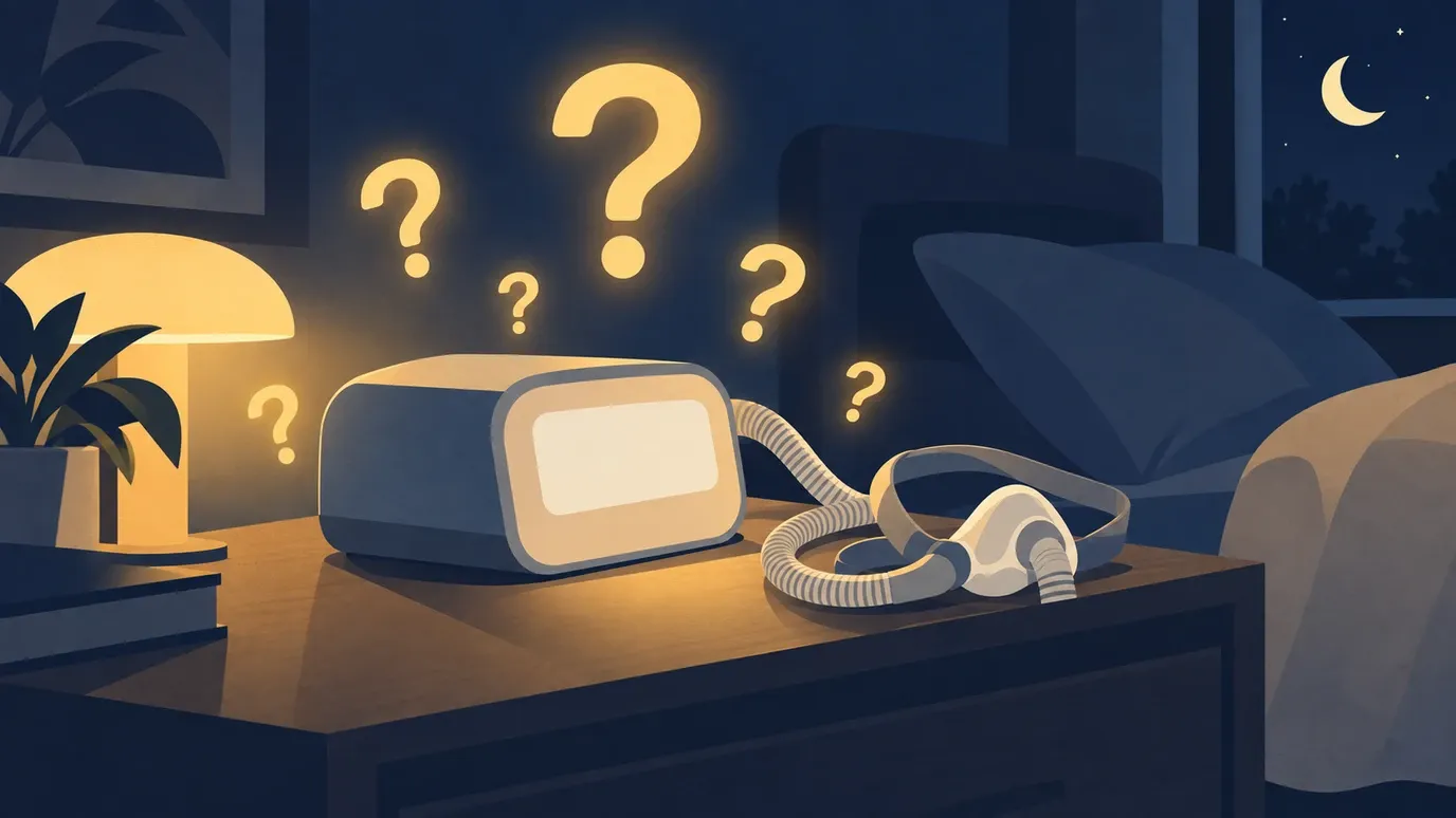 Ilustração de um aparelho de CPAP na mesa de cabeceira cercado de pontos de interrogação dourados, com a máscara e a traqueia ao lado