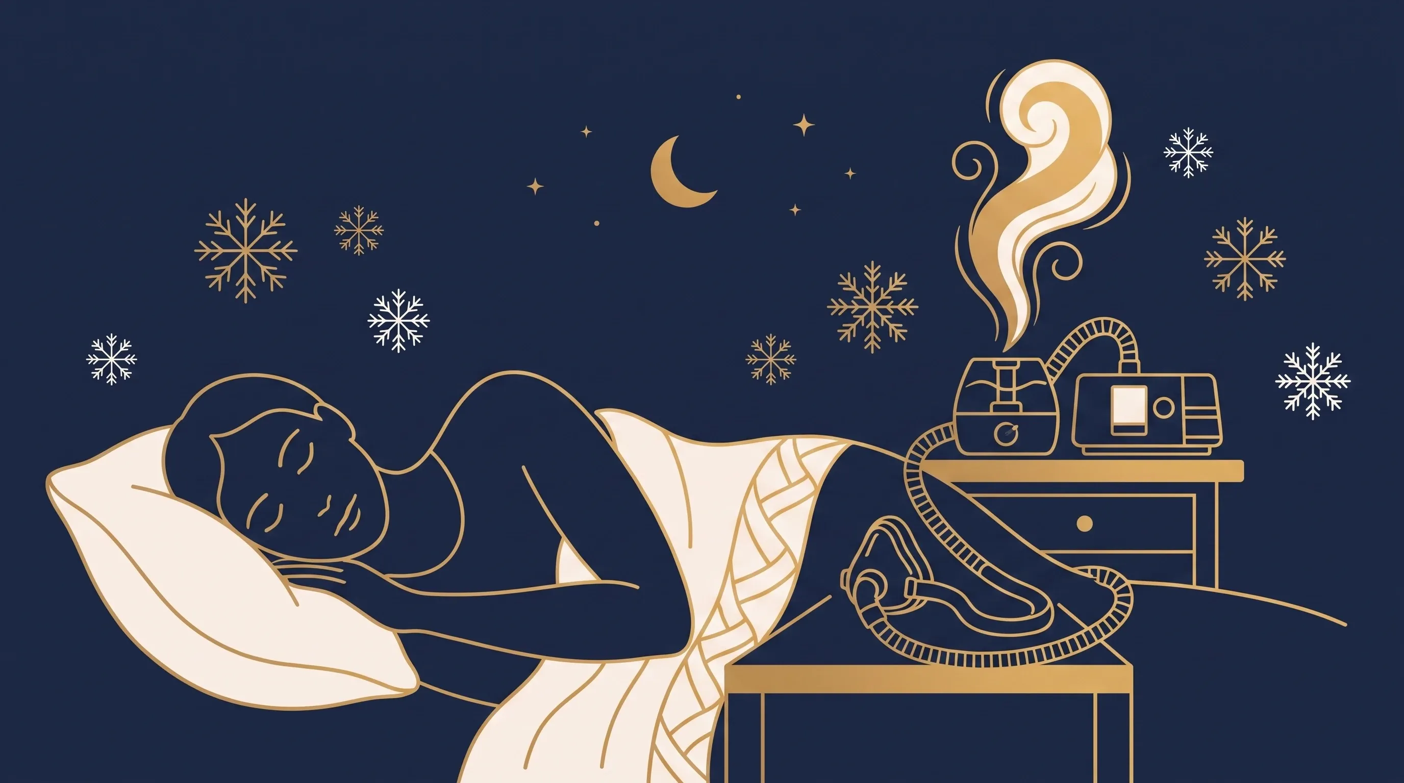 Ilustração de uma pessoa dormindo agasalhada com o CPAP na mesa de cabeceira, flocos de neve e vapor quente do umidificador