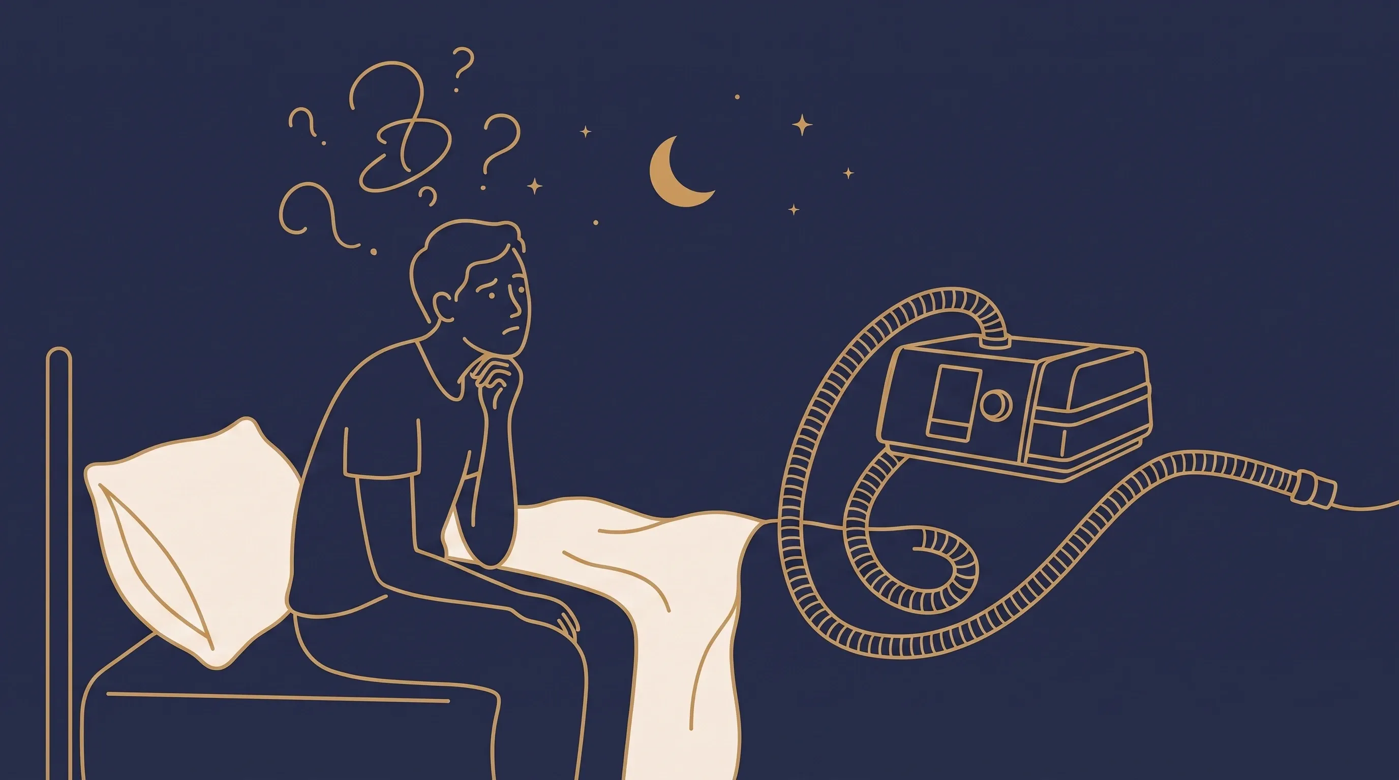 Ilustração de uma pessoa sentada na beira da cama olhando para um aparelho de CPAP com ar de dúvida