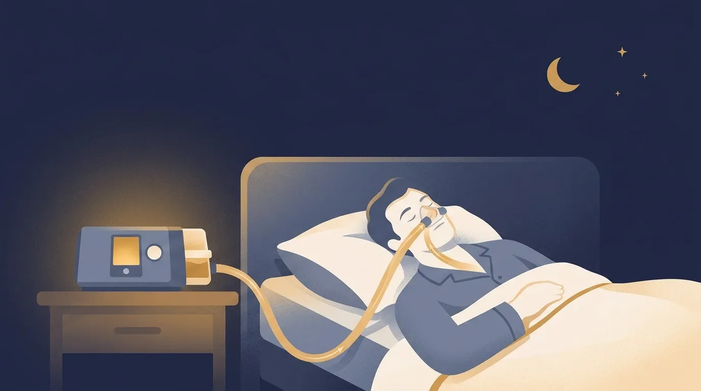 Ilustração de uma pessoa dormindo de pijama com máscara nasal de CPAP, ligada por um tubo dourado ao aparelho na mesa de cabeceira