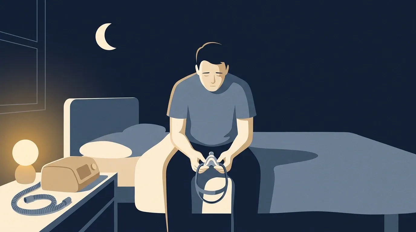 Ilustração de uma pessoa sentada na beira da cama à noite, cabeça baixa, segurando a máscara de CPAP no colo, com o aparelho e a traqueia enrolada na mesa ao lado e a lua na janela