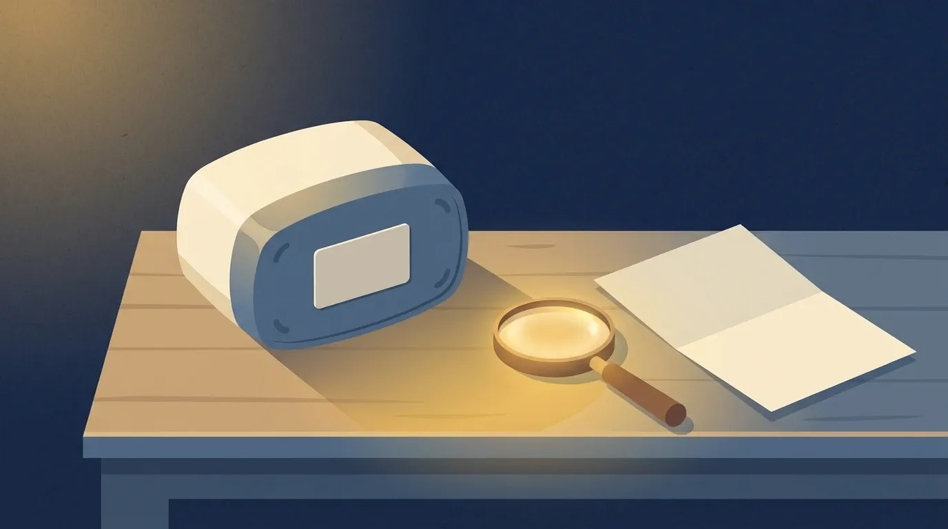 Ilustração de um aparelho de CPAP sobre uma mesa de madeira, com a plaqueta de identificação à mostra, ao lado de uma lupa e de uma folha de papel dobrada sob a luz dourada
