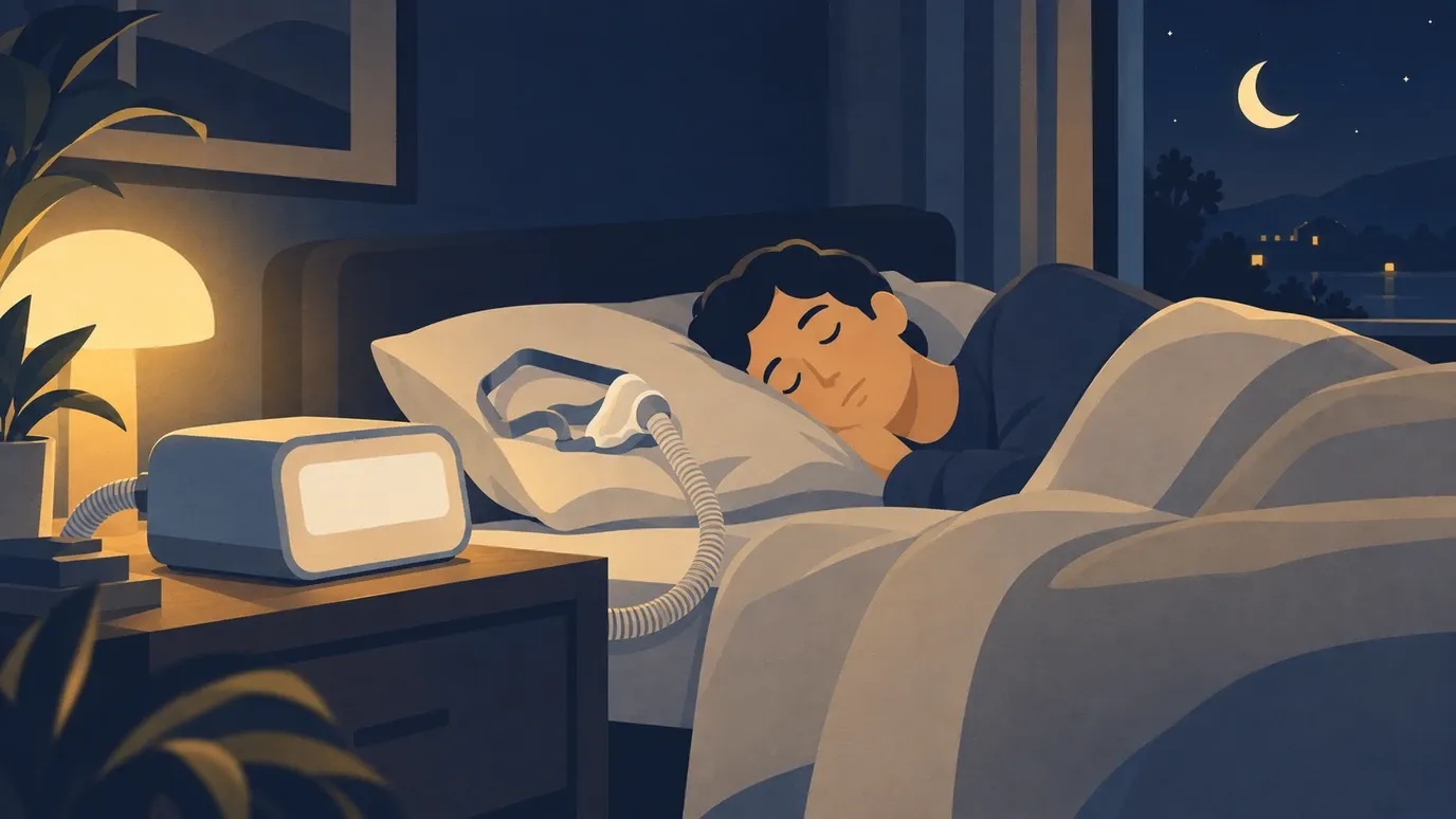 Ilustração de uma pessoa dormindo à noite com a máscara de CPAP solta sobre o travesseiro, ao lado do rosto, e o aparelho na mesa de cabeceira