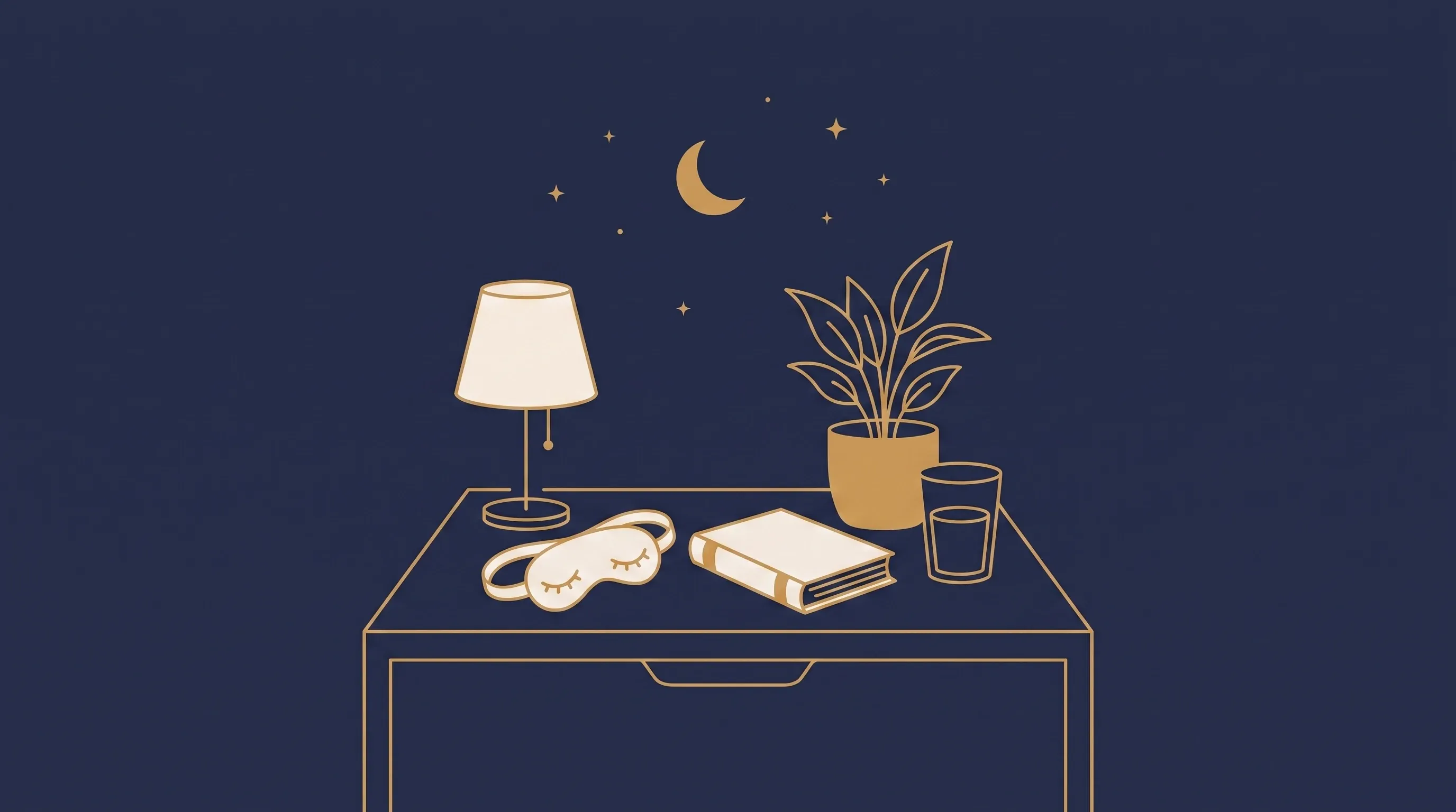 Ilustração de uma mesa de cabeceira com abajur, máscara de dormir, livro, planta e copo de água sob a lua